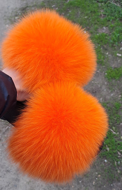 Orange Real Fur Slippers – Arctic Fox Fur Slides