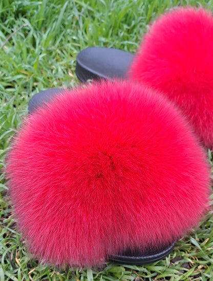 Bright Red Raccoon Fur Slippers – Real Fur Slides