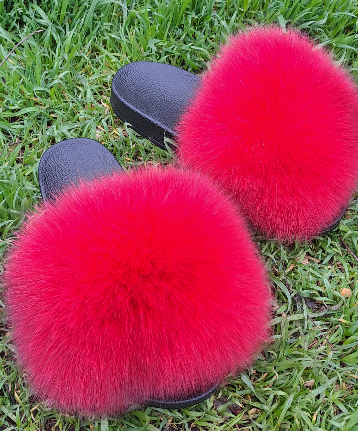 Bright Red Raccoon Fur Slippers – Real Fur Slides