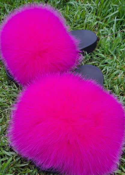 Fuchsia Raccoon Fur Slippers – Real Fur Slides