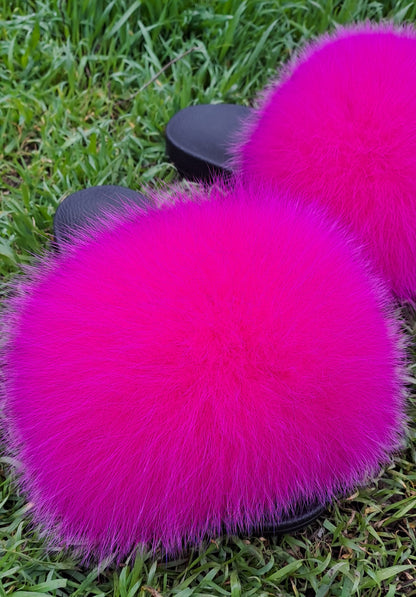 Fuchsia Raccoon Fur Slippers – Real Fur Slides