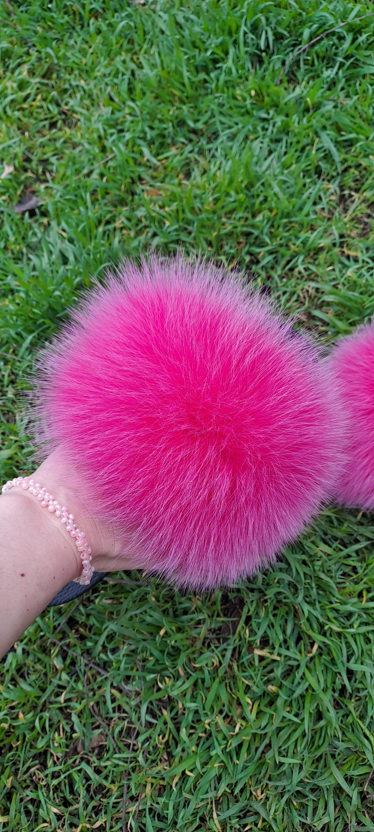 Hot pink Arctic fox fur slippers and real fur slides – front view