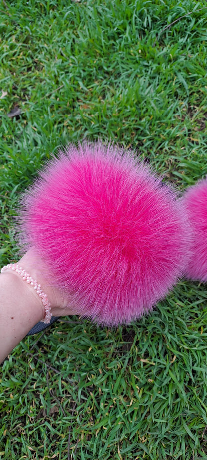 Hot pink Arctic fox fur slippers and real fur slides – front view