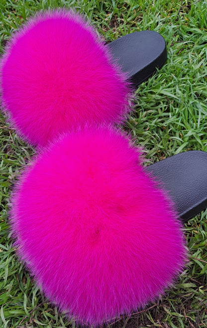 Fuchsia Raccoon Fur Slippers – Real Fur Slides