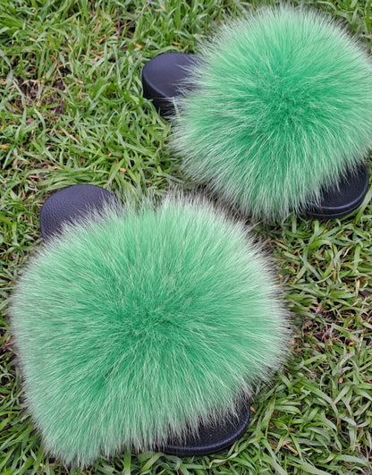 Spring green Arctic fox fur slippers and real fur slides – view 3