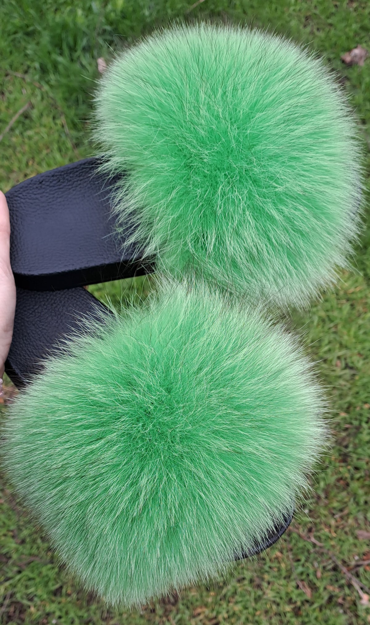 Spring green Arctic fox fur slippers and real fur slides – view 4