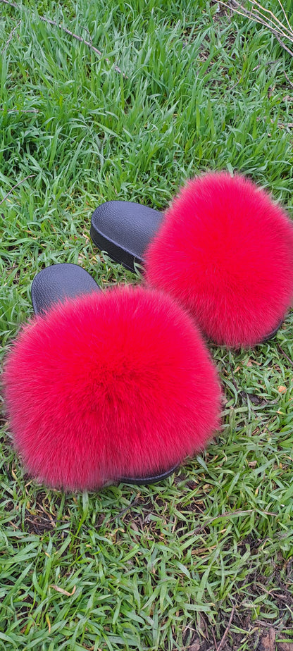 Bright Red Raccoon Fur Slippers – Real Fur Slides
