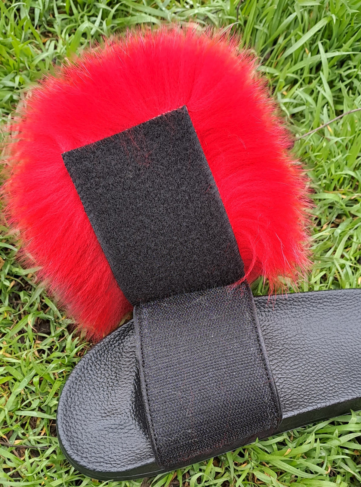 Bright Red Raccoon Fur Slippers – Real Fur Slides