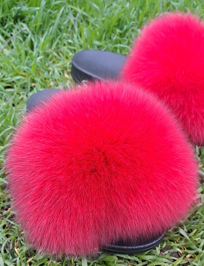 Bright Red Raccoon Fur Slippers – Real Fur Slides
