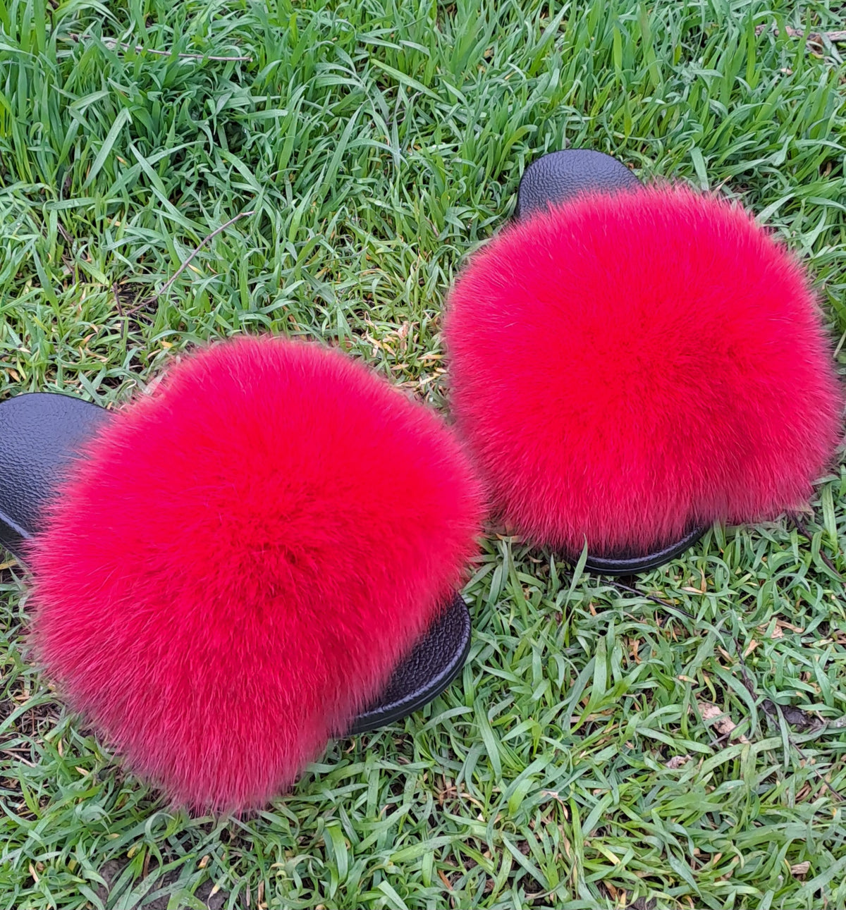 Bright Red Raccoon Fur Slippers – Real Fur Slides