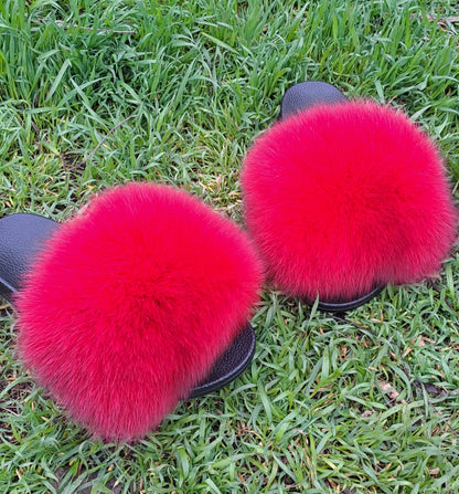 Bright Red Raccoon Fur Slippers – Real Fur Slides