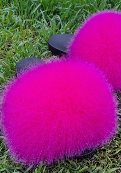 Fuchsia Raccoon Fur Slippers – Real Fur Slides
