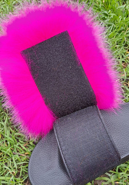 Fuchsia Raccoon Fur Slippers – Real Fur Slides