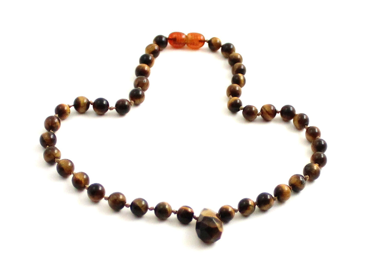 Tiger Eye Gemstone Knotted Brown Necklace with Pendant-3