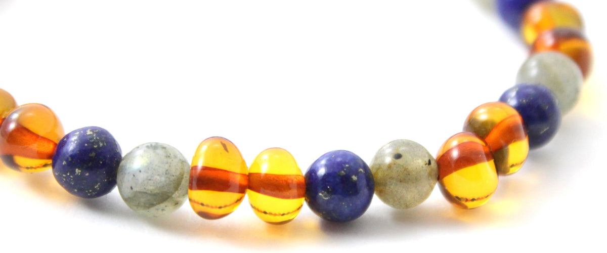 Amber Polished Cognac Stretch Bracelet With Gray Labradorite and Lapis Lazuli-2