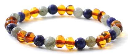 Amber Polished Cognac Stretch Bracelet With Gray Labradorite and Lapis Lazuli-3