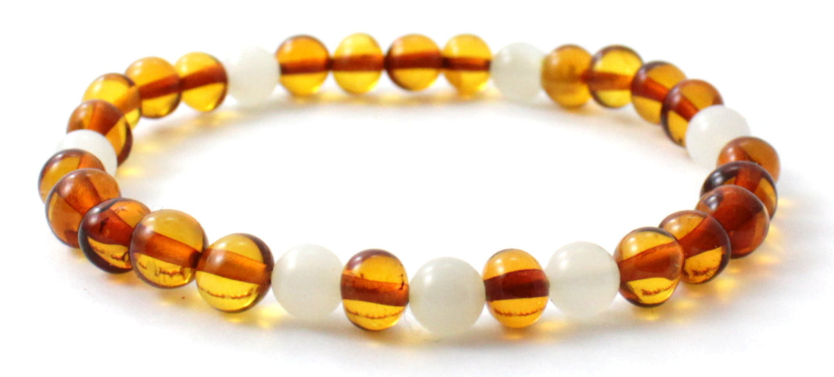 Amber Polished Cognac Baltic Stretch Bracelet With Moonstone-3