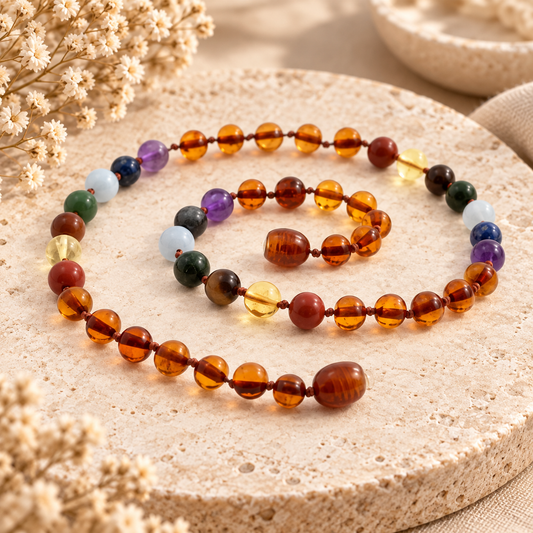 Amber and Chakra Gemstone Necklace styled on warm beige stone