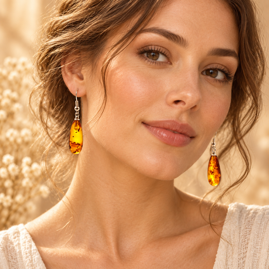 Cognac Baltic amber drop earrings worn by adult model