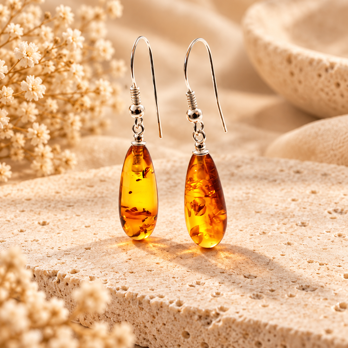 Cognac Baltic amber drop earrings with silver hooks