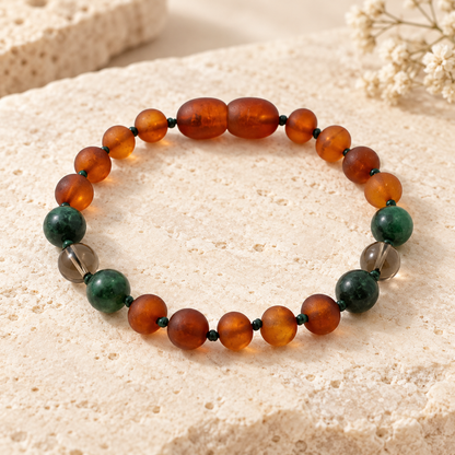 Cognac Baltic amber bracelet with smoky quartz and African jade