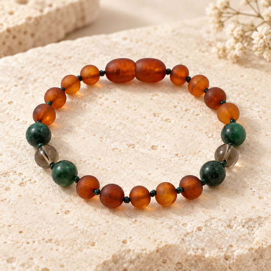 Cognac Baltic amber bracelet with smoky quartz and African jade