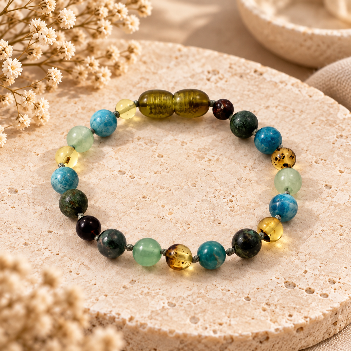 Amber Green Anklet Bracelet with gemstones on warm beige stone