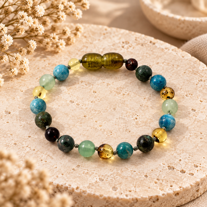 Amber Green Anklet Bracelet with gemstones on warm beige stone
