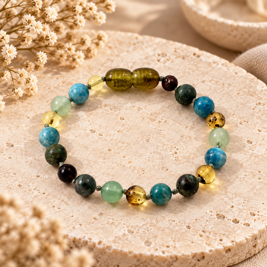 Amber Green Anklet Bracelet with gemstones on warm beige stone