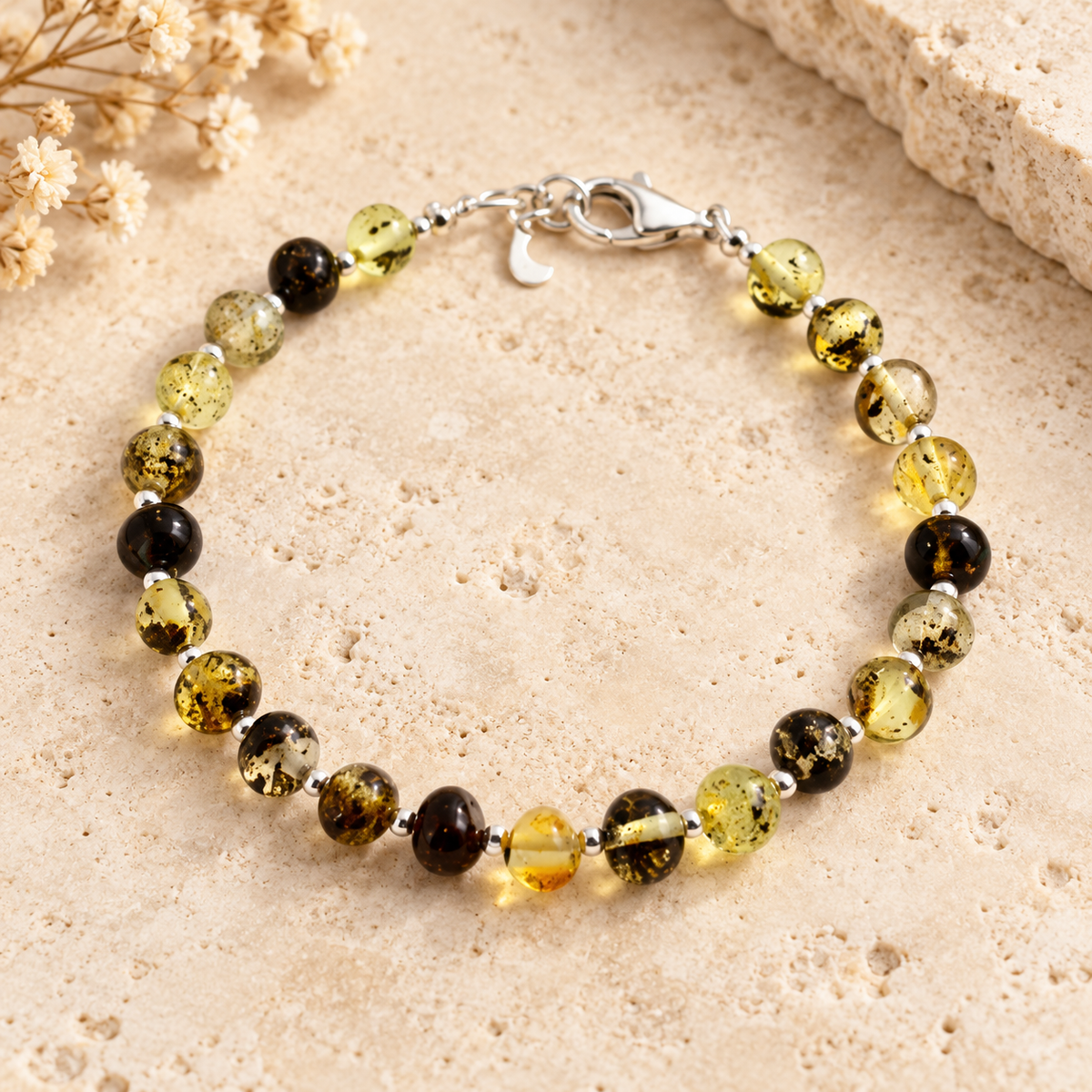 Green Baltic amber polished bracelet with silver clasp