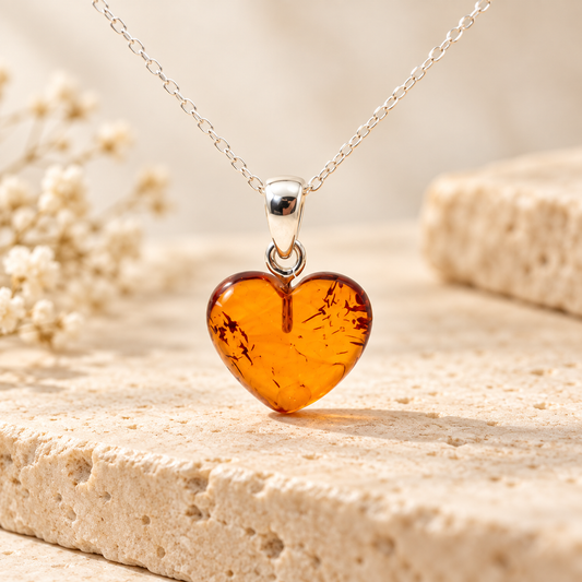 Cognac Baltic amber heart pendant with silver chain on beige stone