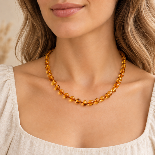 Amber Honey Golden Necklace worn by adult model