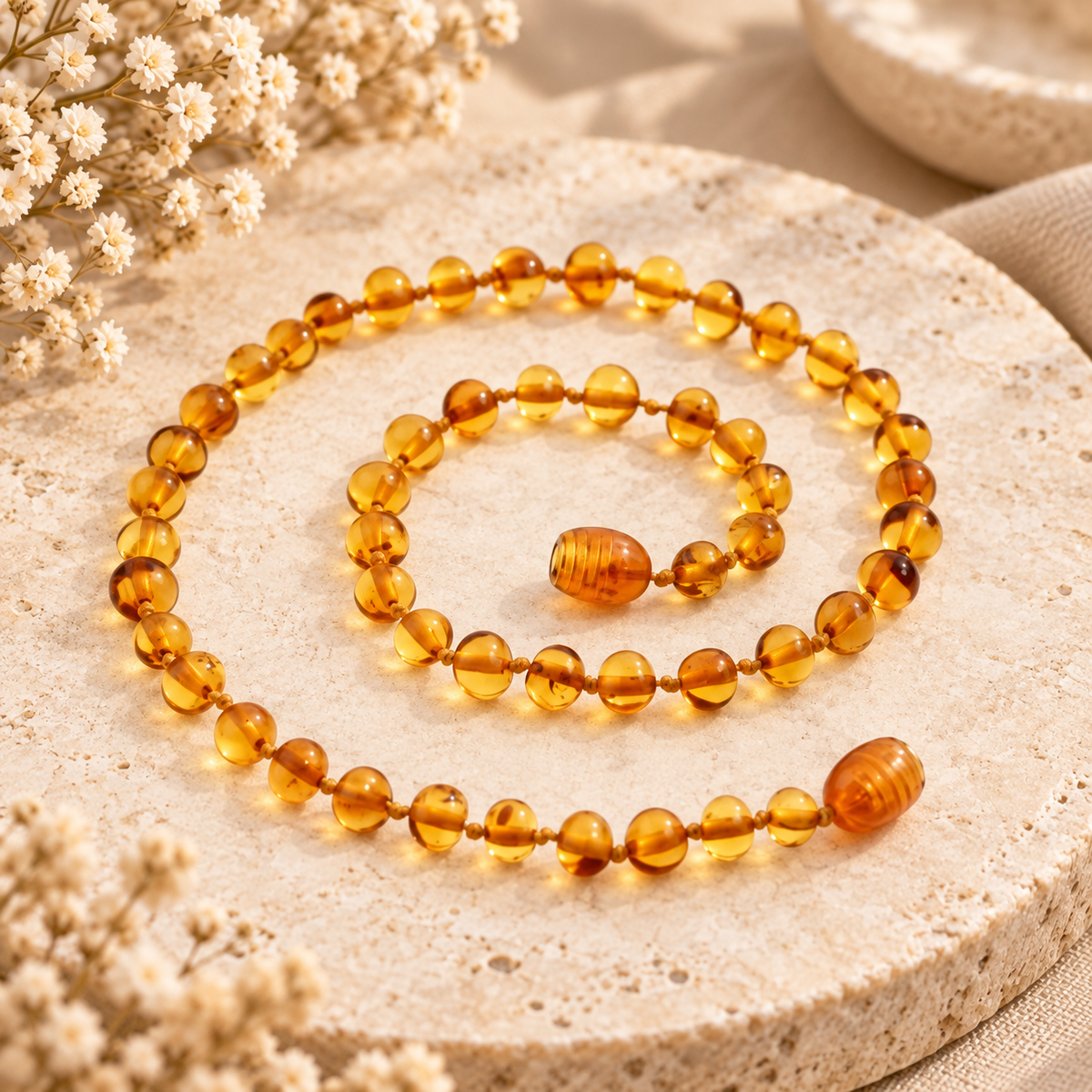 Amber Honey Golden Necklace on warm beige stone