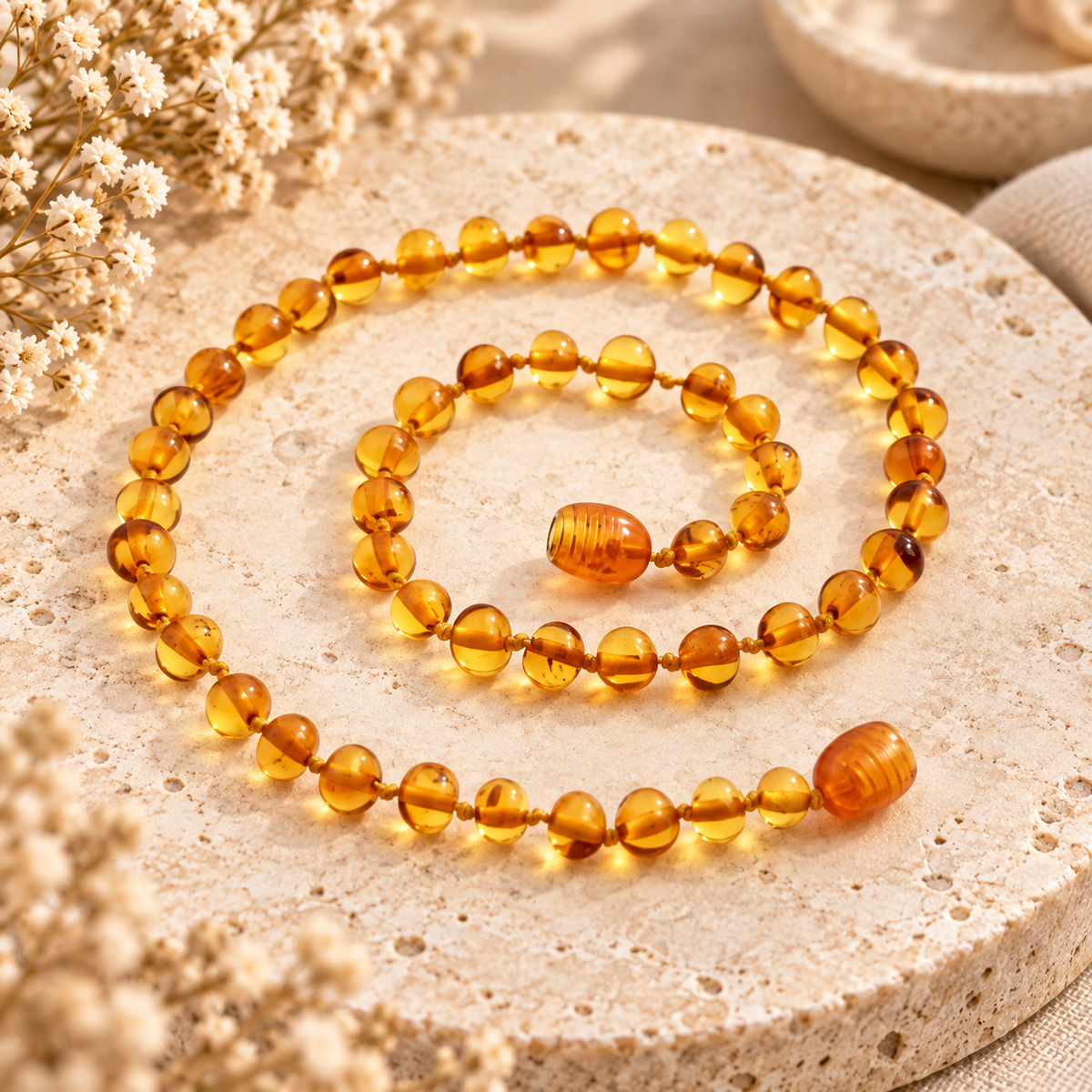 Amber Honey Golden Necklace styled on travertine