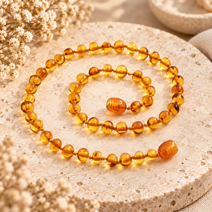 Amber Honey Golden Necklace styled on travertine