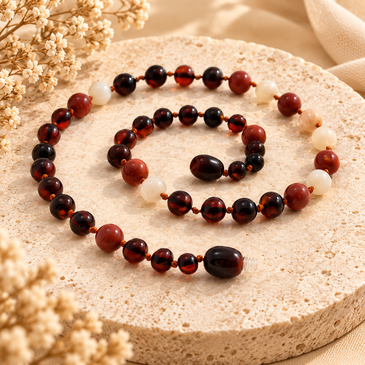 Baltic amber and red jasper necklace on warm beige stone