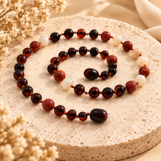 Baltic amber and red jasper necklace on warm beige stone