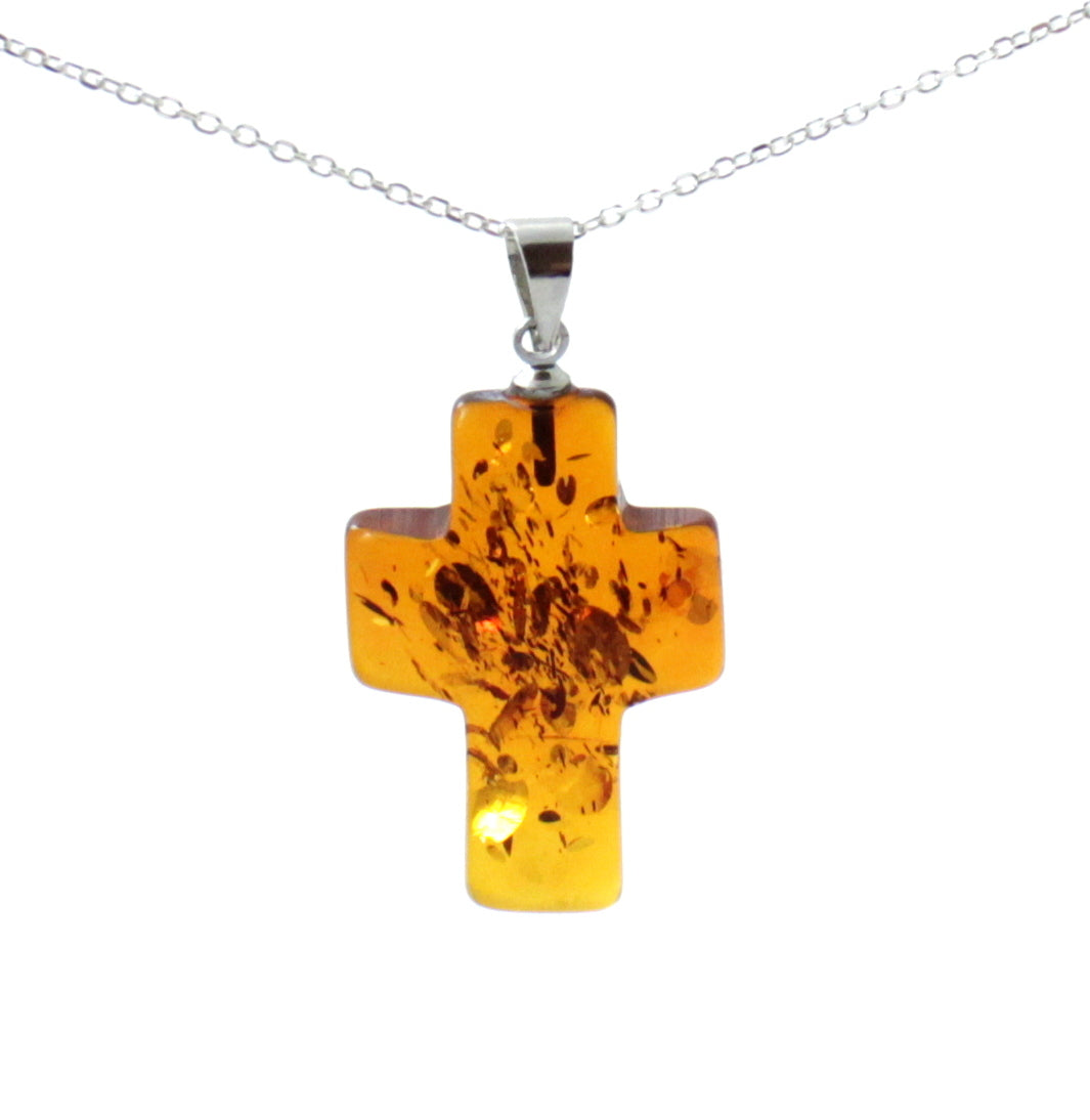 Amber Cross Cognac Pendant With Sterling Silver-0
