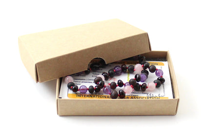 Cherry Raw Amber, Rose Quartz and Amethyst Necklace-1
