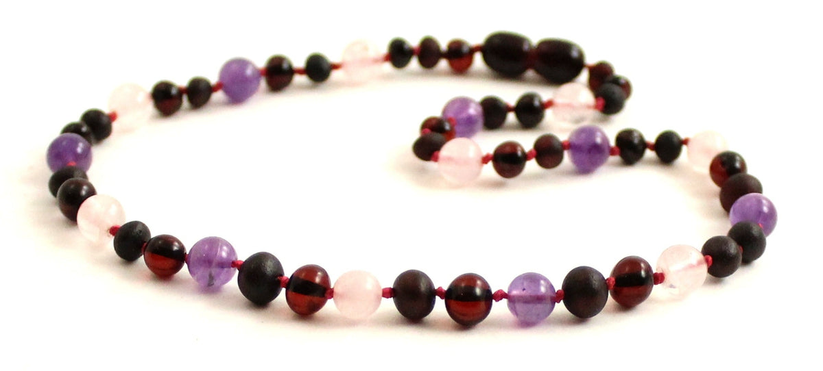 Cherry Raw Amber, Rose Quartz and Amethyst Necklace-3
