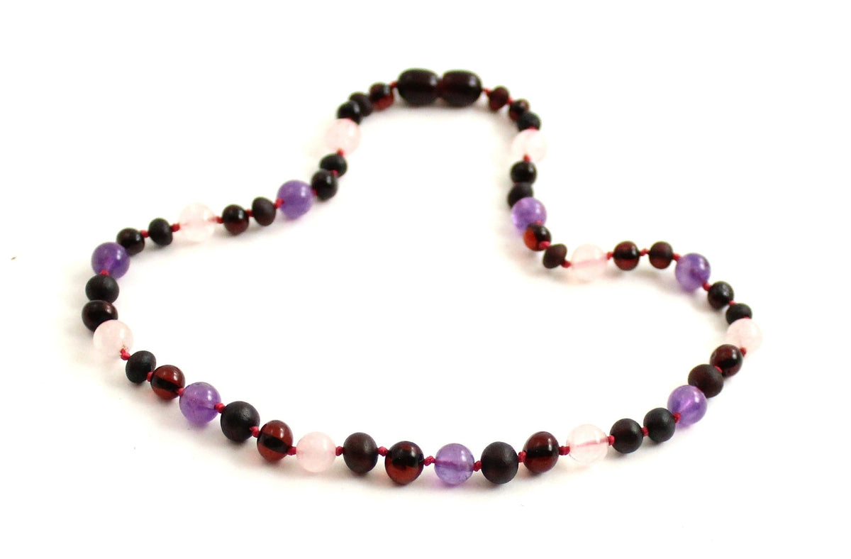 Cherry Raw Amber, Rose Quartz and Amethyst Necklace-2
