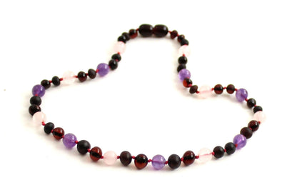 Cherry Raw Amber, Rose Quartz and Amethyst Necklace-2