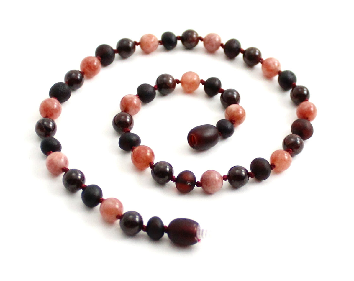 Amber Cherry Unpolished, Sunstone and Garnet Necklace-0