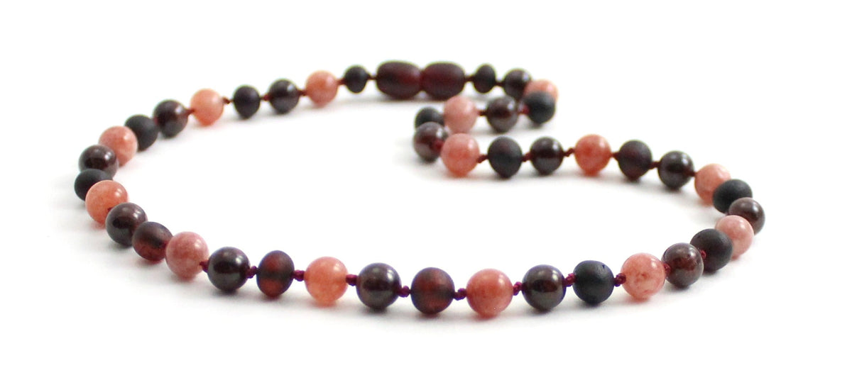 Amber Cherry Unpolished, Sunstone and Garnet Necklace-3