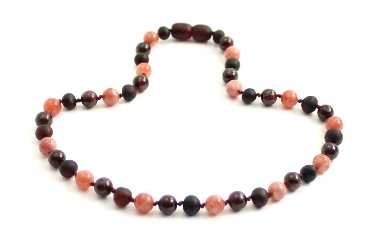 Amber Cherry Unpolished, Sunstone and Garnet Necklace-2