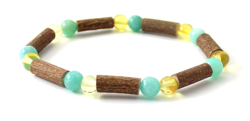 Amber Lemon Polished Stretch Bracelet With Amazonite and Hazelwood-3