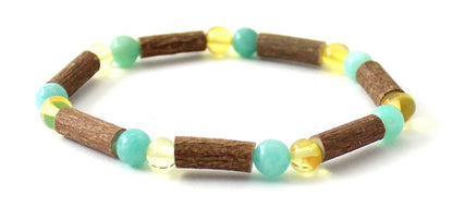 Amber Lemon Polished Stretch Bracelet With Amazonite and Hazelwood-3