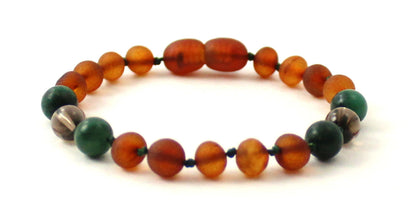 Amber Unpolished Cognac Bracelet With Quartz and Green African Jade-4
