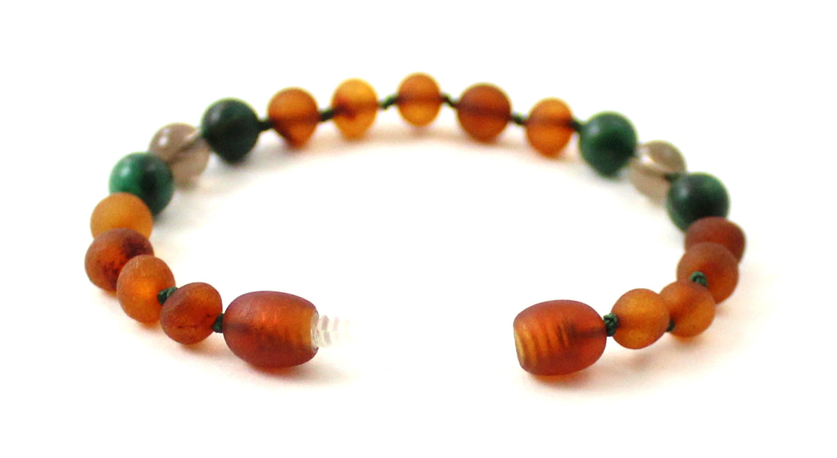 Amber Unpolished Cognac Bracelet With Quartz and Green African Jade-3