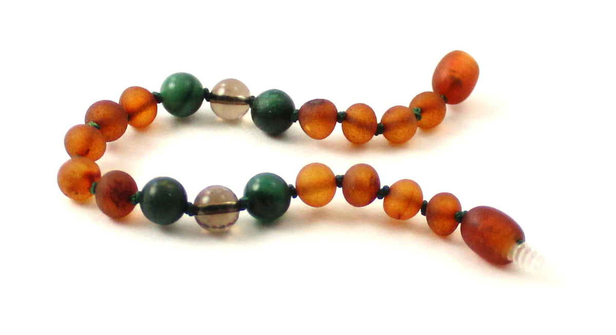 Amber Unpolished Cognac Bracelet With Quartz and Green African Jade-2